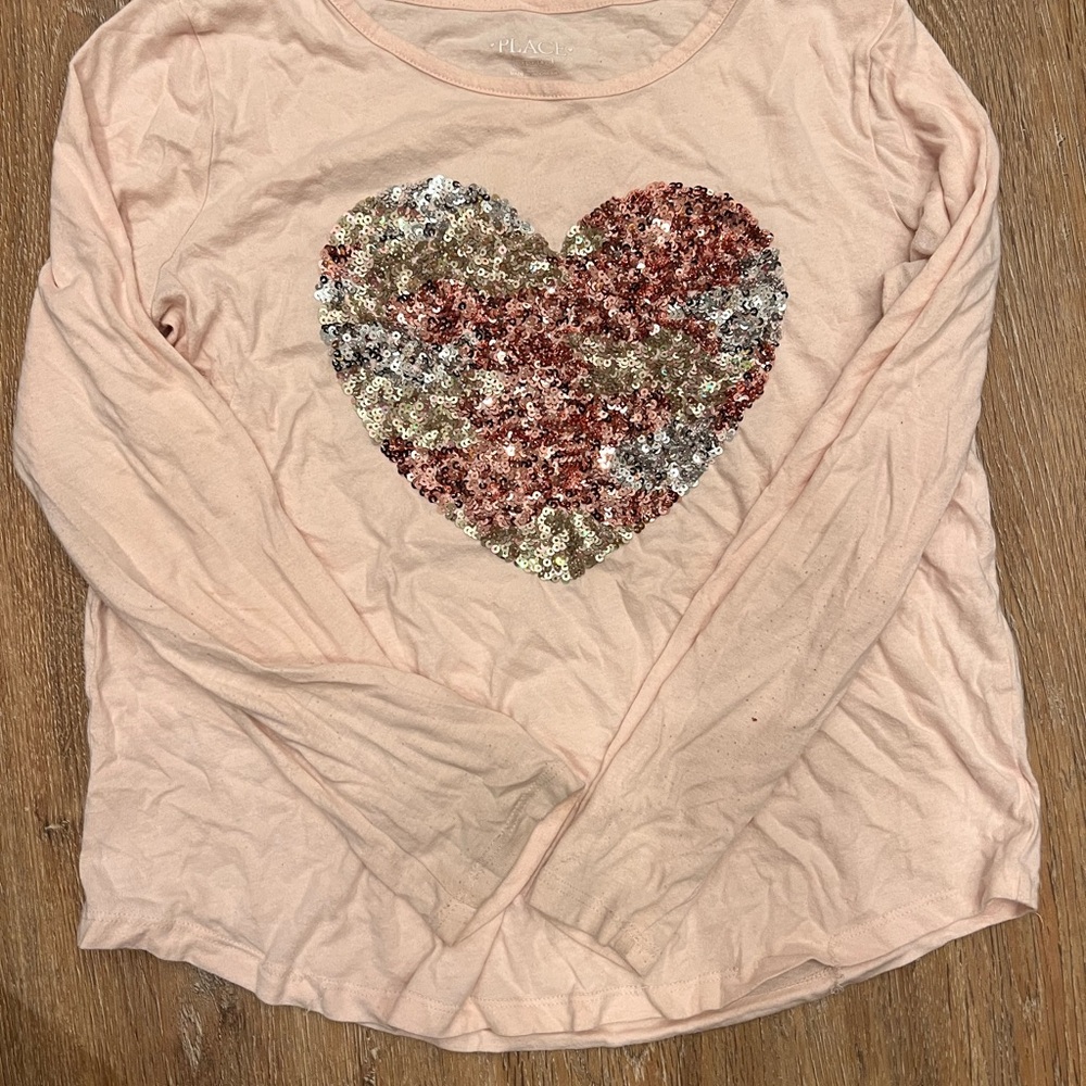 Sequin Heart Long Sleeve Kids Top - Pink